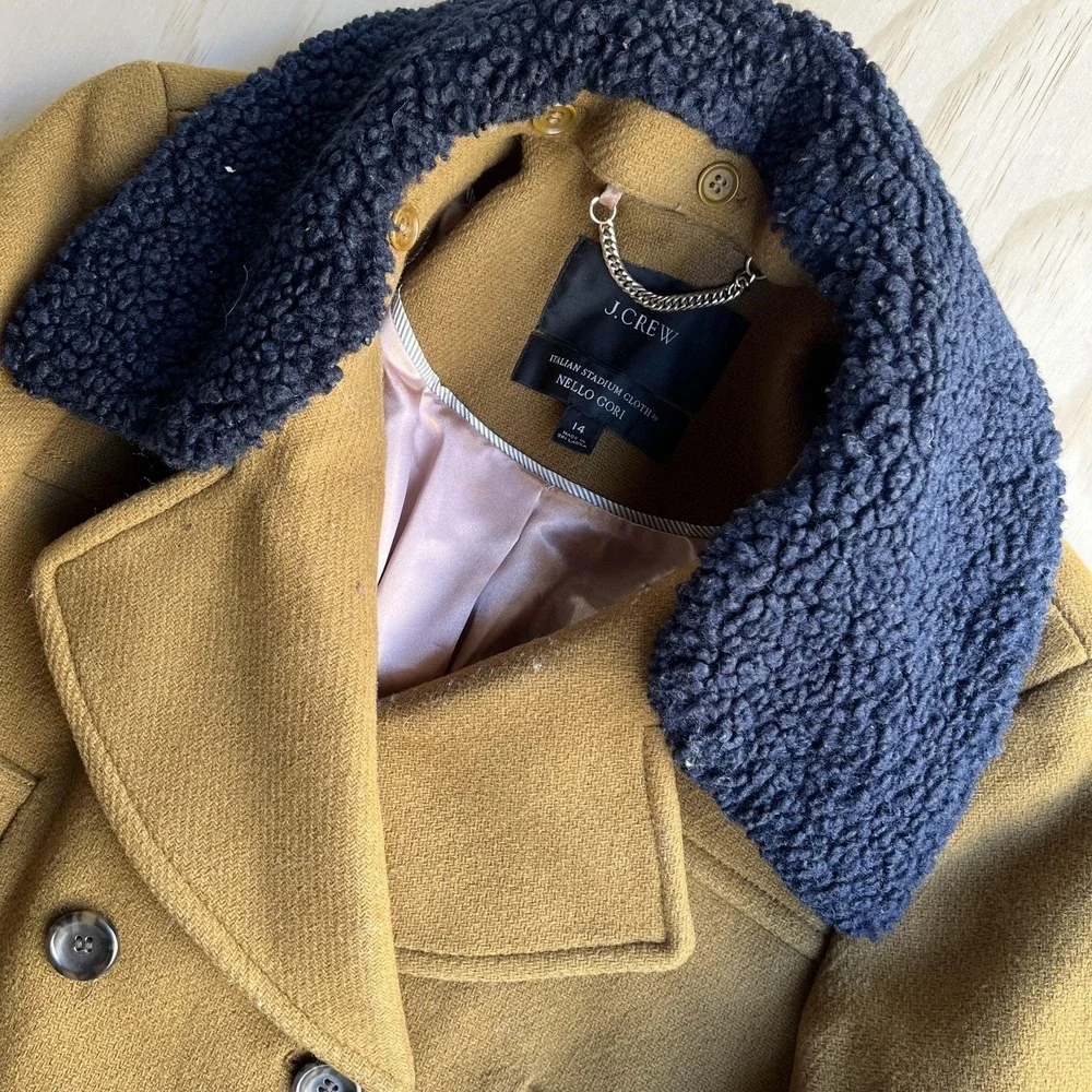 J.Crew Coat Womens 14 Brown Pea Coat Faux Fur Collar Double Breasted Pockets - Picture 3 of 12